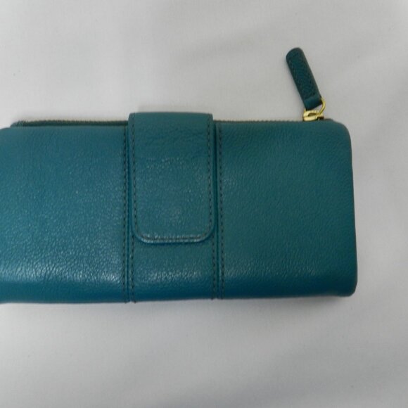 Fossil Ella Leather teal blue clutch Wallet Organizer credit cards i.d. zip pkt - Picture 6 of 11